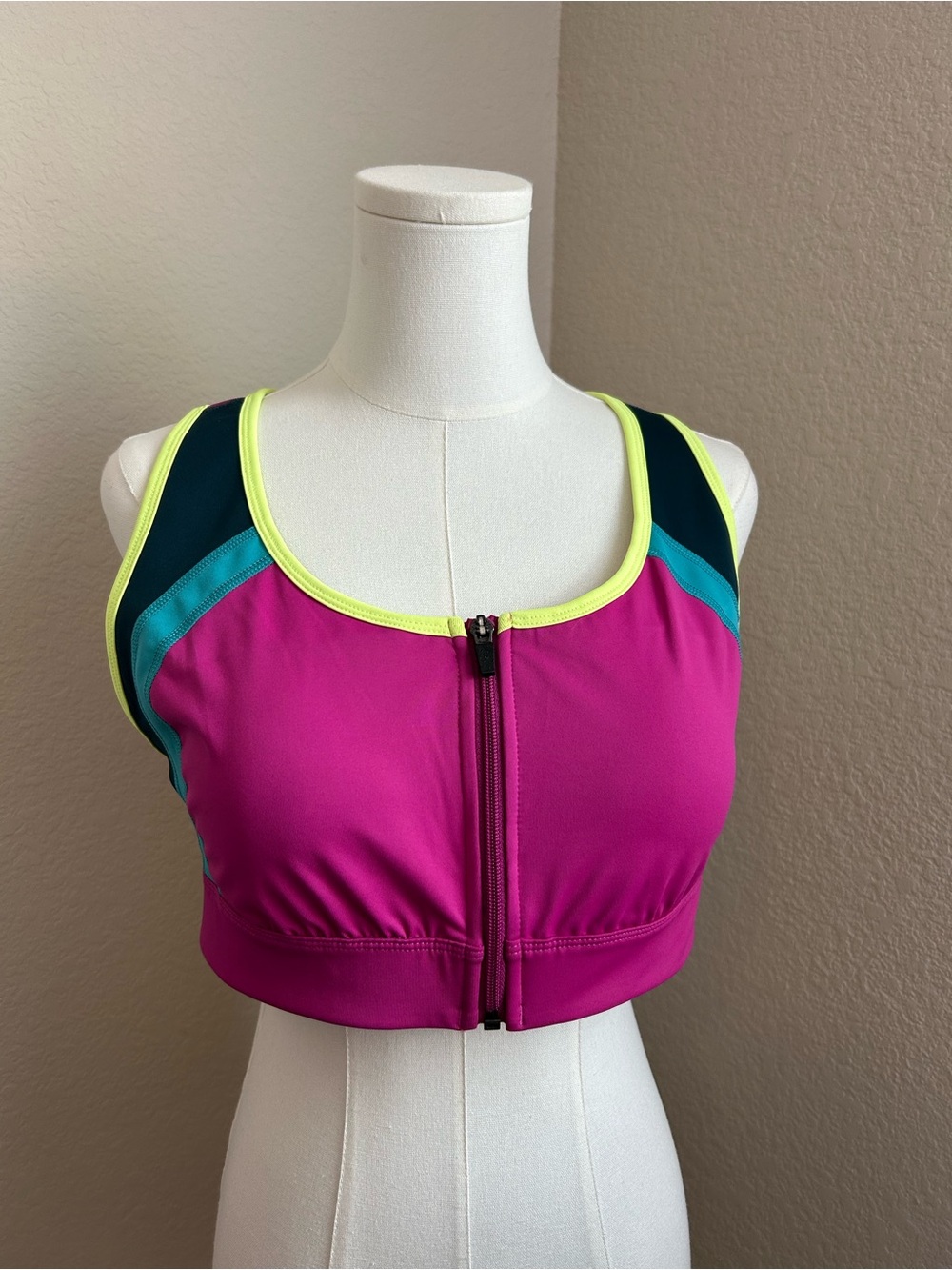 Fila Pink Front-Zip Sports Bra with Teal, Navy & Neon Trim